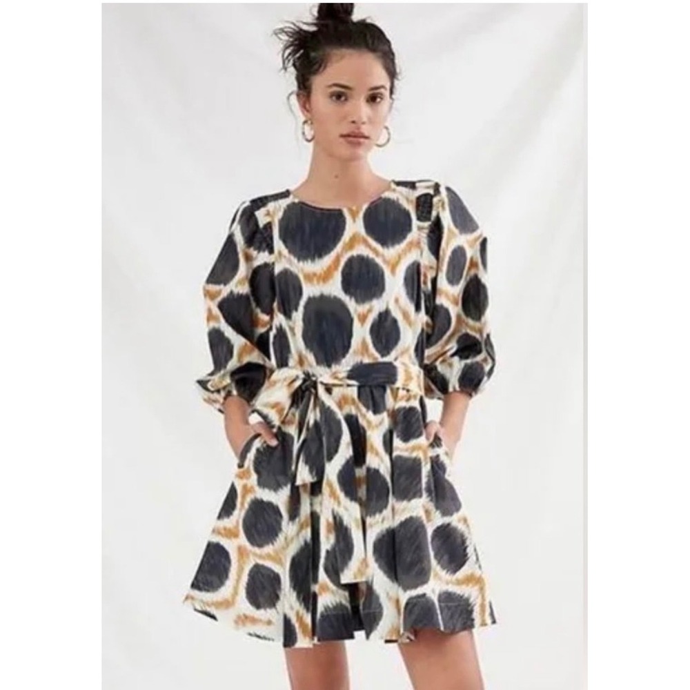 Maeve Black, White & Gold Abstract Spot Tie-Waist Mini Dress